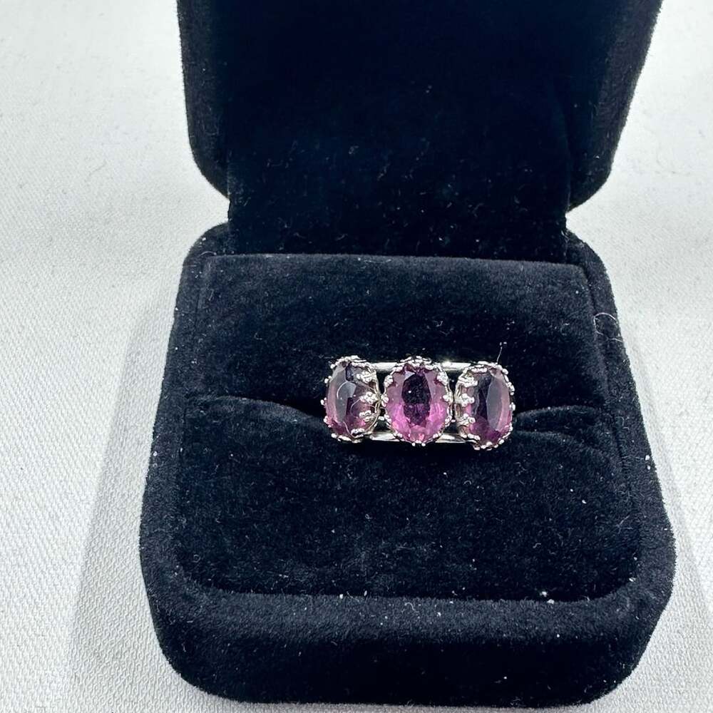 Avon Vintage Triple Purple Amethyst Ring Size 6 1/2 Filigree Silver